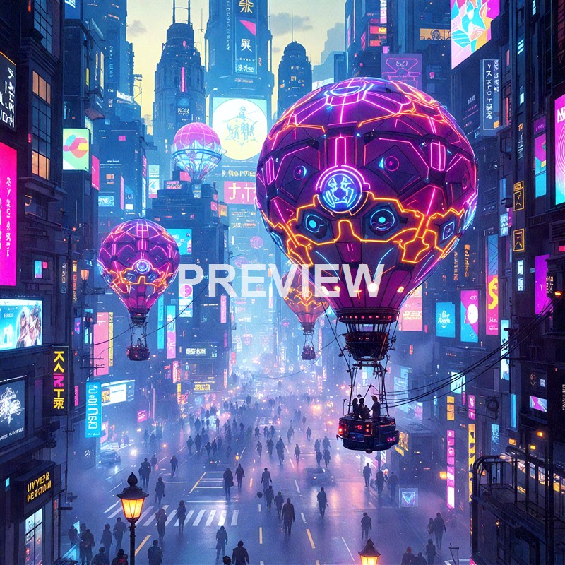 The image depicts a futuristic cityscape at night with tall buildings adorned with vibrant neon signs and advertisements, and several illuminated hot air balloons floating above a busy street filled with pedestrians.